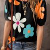 Black Flower Print Bubble Sleeve Tee