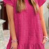 Strawberry Pink Plus Size Jacquard Short Ruffle Sleeve Mini Dress