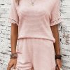 Pink Fringe Trim Textured Short Two Piece Set