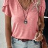 Rose Tan Fashion Petal Sleeve V Neck T Shirt