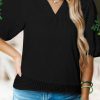 Black Floral Embroidered Puff Sleeve Notched Neck Blouse