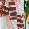 Brown Stripe Striped Textured Patchwork Buttoned T Shirt Dress