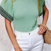 Mint Green Contrast Trim Round Neck Batwing Sleeve Knitted Top