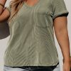 Meadow Mist Green Plus Size Corded V Neck Patch Pocket Tee