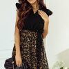 Flattering High-Waist Black Dress With Frilled V-Neck And Flowy Leopard Skirt