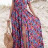 Blue Floral Print V Neck Wrap Split Maxi Dress