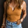 Russet Orange Ribbed Notched Neck Frilled Hem Crop Tank Top