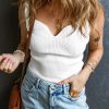 White Rib Knit Notched V Neck Slim Fit Tank Top