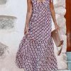 Purple Western Geometric Print Knotted Straps V Neck Long Dress