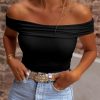 Black Folded Off Shoulder Slim Top