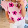 Pink Pinstripe Floral Print Ruffled Flutter Sleeve Blouse