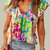 Elegant Multicolour Leopard Patchwork Blouse With Tie Split Neck