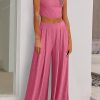 Pink Textured Sleeveless Crop Top And Wide Leg Pants Outfit