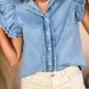 Trendy Button-Up Frayed Denim Top In Beau Blue - Summer Essential