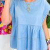 Beau Blue Trendy Stitching Detail Denim Peplum Top