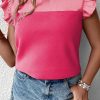 Strawberry Pink Textured 2-Tone Patchwork Frill Neck Ruffled Trim Plus Blouse