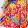 Pink Floral Print Short Sleeve Plus Size Babydoll Blouse