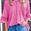 Bright Pink Oversized Mineral Wash Textured Bracelet Sleeve Top