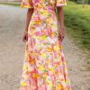 Pink Bohemian Flutter Sleeve Cut Out Floral Maxi Dress