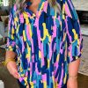 Blue Plus Size Brushstroke Print 3/4 Sleeve Blouse