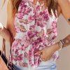 Pitaya Pink Hollowed Halterneck Floral Peplum Tank Top