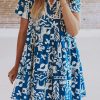 Stylish Summer A-Line Dress: Blue Floral Print With Delicate Ricrac Trim