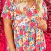 Multicolour Boho Floral Short Puff Sleeve Babydoll Blouse