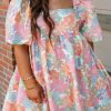 Multicolour Floral Puff Sleeve Square Neck Plus Babydoll Dress