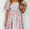 Elegant Square Neck Pink Floral Dress With Ruffled Accents