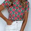 Fiery Red Retro Floral Print Crew Neck T Shirt