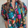 Green Floral Print Puff Sleeve Tied V Neck Blouse