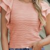 Flattering Fit Sheath Top In Apricot Pink With Playful Ruffled Sleeve