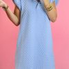 Light Blue Textured Puff Sleeve Ruffled V Neck Shift Mini Dress