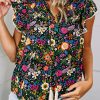 Black Lace Trim Flutter Sleeve Tropical Floral Blouse