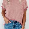 Light Pink Textured Contrast Trim Round Neck T Shirt