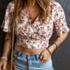 Pink Floral Print V Neck Wrapped Cropped Blouse