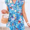 Sky Blue Floral Flutter Sleeve V Neck Ruffled Dress