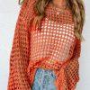 Orange Open Knit Crochet Bell Sleeve Tunic Sweater