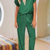 Dark Green Guipure Trim V Neck Satin Two-piece Set