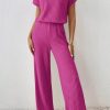 Rose Red Solid Color Ribbed Short Sleeve Wide Leg Jumpsuit