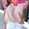 Versatile And Trendy 100% Cotton Pink Colorblock Blouse