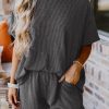 Carbon Grey Ribbed Textured Knit Loose Fit Tee And Shorts Set