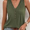 Jungle Green Half Button V Neck Patched Pocket Tank Top