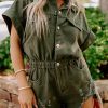 Casual Elastic Waistline Romper In Moss Green With Rolled Cuffs