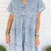 Beau Blue Acid Wash V Neck Tiered Denim Dress