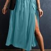 Peacock Blue Drawstring Split Side Flowy Long Skirt