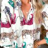 White Colorful Tiger Print Ruffled Lantern Sleeve Blouse