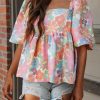 Pink Floral Puff Sleeve Square Neck Babydoll Blouse