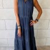 Real Teal Sleeveless Tiered Chambray Maxi Dress