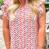 Multicolour Chevron Print Ruffled Sleeve Blouse